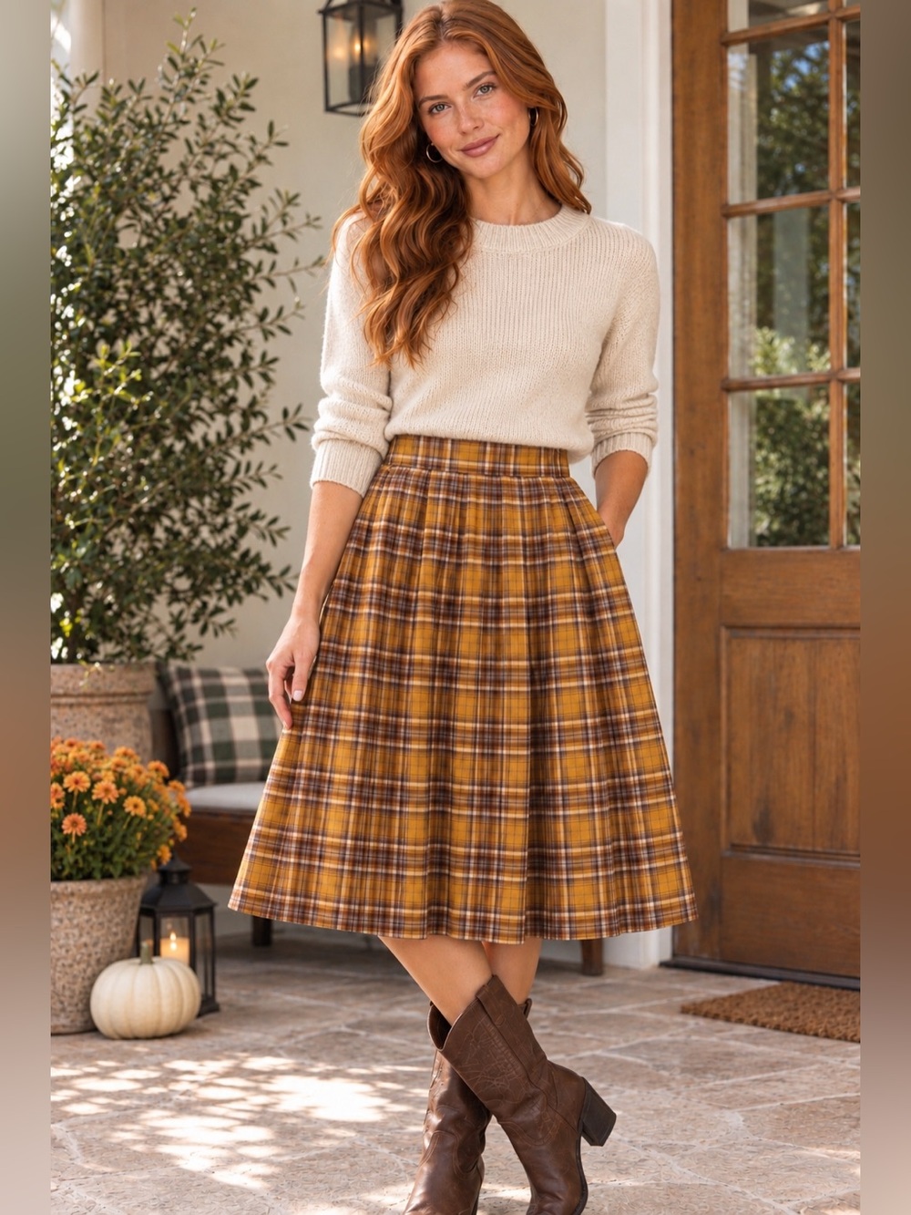 Tulip B Mustard Plaid Flannel Pleated Midi Skirt Pockets Fall Autumn